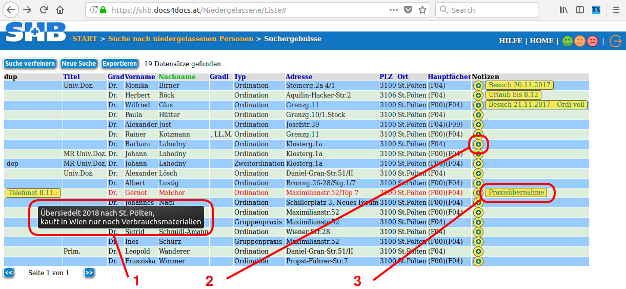 Notizen in der Ergebnisliste